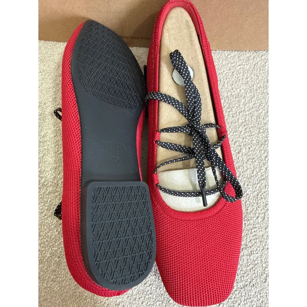Vivaia Red Square Toe Knit Ballet Flats Lace Up Polka Dot size‎  EU/39 US/8